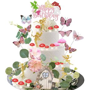 Ephlyn 47Pcs Fairy Cake Toppers Fairy Birthday Cake Decoration Pink Mushroom Door Butterfly Flowers Cake Decoration Fairy Garden Topper for Fairy Baby Shower Party Supplies Pink