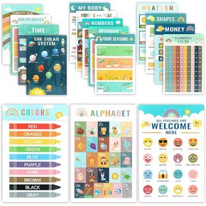 16 Educational Posters, Laminated Preschool Posters for Classroom Kindergarten, Kindergarten Wall Decor with ABC Alphabet, Shapes, Numbers, Colors, Money, Time, Months of the Year, Days of the Week