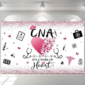 Ticuenicoa Happy CNA Week Banner 70.8x43.3 Inch - Pink Butterfly Hearts & Medical Symbols (Stethoscope/First Aid) for Nursing Assistants Appreciation Decor
