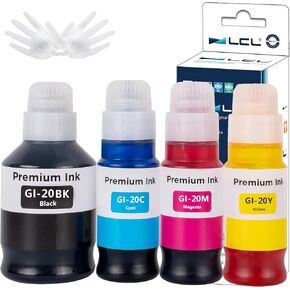 LCL GI-20 GI20 Ink Bottles Replacement for Canon 20 GI20 GI-20 Ink Refill Bottles Compatible with Canon PIXMA G5020 G6020 G7020 Printer (4-Pack,Black Cyan Magenta Yellow)