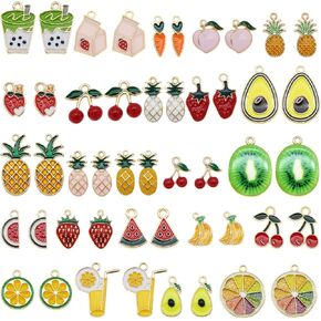 JJG 48pcs Gold Plated Enamel Cherry Lemon Drinks Dainty Dangle Fruits Charms Pendant for Earrings Jewelry Making Necklace Bracelet Craft Findings