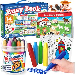 Montessori Preschool Busy Book for Toddlers 3 and Up & 16pcs Jumbo Crayons for Toddlers 1-3