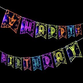 Neon Glow Happy Birthday Banner, Prestrung Happy Birthday Neon Sign Let Glow Party Banner for Black Light Neon Glow Party Supplies Birthday Decorations