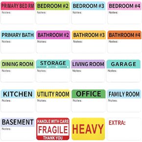 600 PCS 20 Designs 3 x 2" Large Home Moving Packing Box Labels with Writable Notes Areas Pre-Printed Color-Coded Home Moving Packing Box Labels