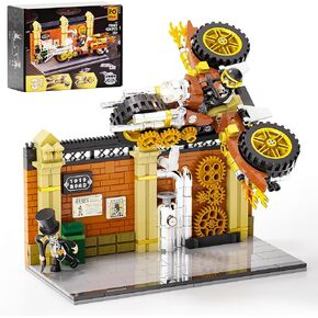 FUNWHOLE Steampunk Motorcycle Chase Lighting Building-Bricks Set - Flying Motorbike Toy 424 Pcs Collection Display Set for Adults and Steampunk Lovers