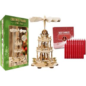 German Christmas Decoration Pyramid and 20pcs Red Candles Included-Wood Nativity Scene -Christmas and Tabletop Holiday Decor-3 Tiers Carousel-6 Candle Holders-German Design (18 Inches 2.0, Natural)