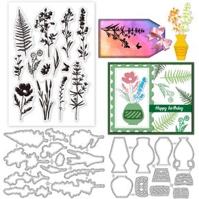 GLOBLELAND Flower Vase Clear Stamp and Cutting Dies Set for Card Making Flower Silhouette Silicone Clear Stamp Metal Fern Leaf Die Cuts for DIY Scrapbooking Photo Album Decorative
