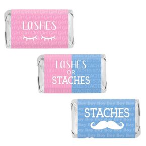 Baby Gender Reveal Mini Candy Bar Wrappers - Lashes or Staches - 45 Stickers