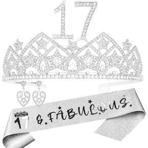 17th Birthday Gifts for Girls,17th Birthday Tiara and Sash,Birthday Gifts for 17 Year Old Girl,17 and Fabulous Sash,17th Birthday Crown,17th Bday Decorations for Girls,17th Birthday Favors for Girls