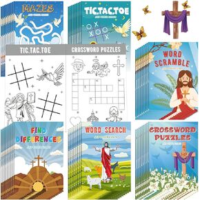 Hungdao 48 Pcs He is Risen Easter Mini Activity Books for Kids Mini Christian Coloring Challenging Games Activity Books Bulk for Easter Party Favors Basket Stuffers Class School Supplies
