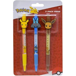 Pokemon 3 Packs Pens with Rubber Character Clip (Pikachu, Lucario and Eevee)