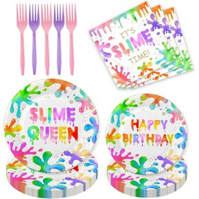 80 PCS Slime Birthday Party Decorations - Slime Spin Queen Dessert Plates Fadingware أدوات المائدة للبنات الفتيان بريق Splith Splash Smime Firm