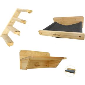 Story of Naughtiness Cat Wall Furniture - Cat Climbing Step, Hammock & Floating Shelf Set - 3 Pack Wall Mounted