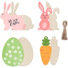 TONGQIC 8 Pcs Easter Blank Wooden Bunny Egg & Carrot Wood Cutouts Unfinished Wooden Egg Bunny Slices Rabbit Shapes Wood Ornament for Painting Spring Decor Easter Party DIY Crafts