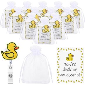 Yeaqee 12 Sets Employee Appreciation Gifts Duck Badge Reel Cute Retractable Badge Reels with Alligator Clip You are Ducking Awesome Thank You Card Organza Bag for Staff Coworker