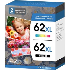 62XL Ink Cartridge Combo Pack Compatible for HP Ink 62 for HP 62 Ink Works with Envy 5540 5660 7640 7645 OfficeJet 5740 7644 OfficeJet Mobile 200 (1 Black, 1 Color) 2-Pack