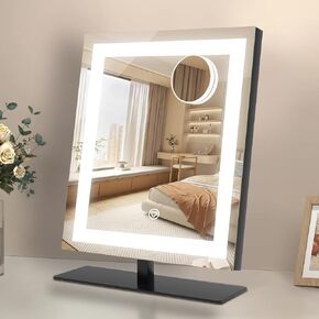 Beelux Lighted Makeup Mirror 12In Vanity Mirror with Lights,Three Color Lighting Modes,10X Magnification Mirror,Smart Touch Control Mental Frame Desk Mirror-Black