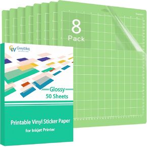 قصات القطع لـ Cricut 8 Pack 12x12 بوصة قياسية قبضة أخضر لاصقة اللصق اللزج فينيل قابلة للطباعة لطابعة نفث الحبر ، 50 ورقة لامعة