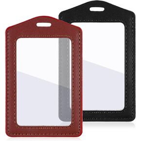 2Pcs Leather Badge Holder, Double Sided Clear Window Badge Holder Vertical ID Card Holders Waterproof Name Card Holders for Office School Staff Students