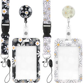 Bewudy 2 Pcs Floral Sliding Badge Holder, Lanyards for ID Badges, ID Badge Holder with Retractable Lanyard, ID Card Badges Holders Vertical Punched Waterproof for Women Nurse Teacher Student