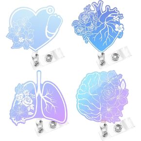 4 Pcs Nurse Badge Reels Retractable, Heart Brain Flowers Design ID Badge Holder with Swivel Clip, Gifts for Nursing Student RN LPN