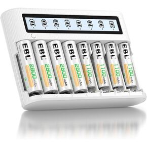 EBL 8 Bay Battery Charger with LCD Screen Fast Charging, AA AAA Battery Charger with 2800mAh NiMH AA Batteries 4pcs & 1100mAh AAA Battery 4pcs Combo