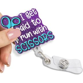 I Get Paid To Run With Scissors Retractable Glitter Badge Reel with Clip, Funny Badge Holder for ICU Operating Room Nurses PACU Trauma Nurses Gifts for ER EMT EMS Surgeon Nurse Doctor
