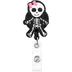 Cute Skull Felt Retractable ID Pull Badge Reel,Fabric ID Name Card Holder for Nurse