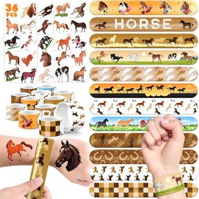 60 PCS Horse Party Favors مجموعة-36 وشمًا مؤقتًا و 24 أساور صفعة للأطفال ، مثالية لمستلزمات أعياد الميلاد ذات الطابع الخيول ، ومكافآت الفصل الدراسي والمرح.
