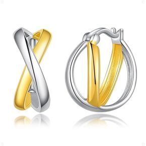 PHNIBIRD Gold and Silver Earrings for Women X Shape Two Tone Earrings Rings Minimalist Small Cross Hoop Earrings