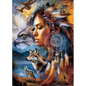 5D Diamond Art Painting American Native Indian Womann Wolf Wolf Full Drill Diamond Art Painting by Number Kits for البالغين مربعة الخرز الفسيفساء كروس لزينة الجدار 16x20inch (3)