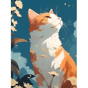 YEEIFFD Animal Diamond Painting Kit for Adults, Orange and White Cat Diamond Painting for Beginners, 5D Round Diamond Gems Art for Wall Room Decor Gift 12x16 inch