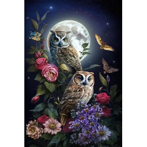 Moonlight Owl Diamond Painting Kits Flowering Animals Diamond Painting - Adult Children 5D Full Round Embroidery of Handmade Room Decor Wall Decor - Beautiful Holiday Landscape Art Gift 30X40cm