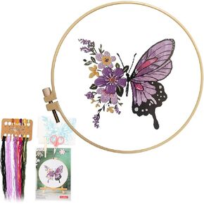 Bajayvovo Embroidery Starter Kit, Butterfly Flower Cross Stitch Kits for Kids and Adults Beginners, Include Butterfly Pattern Stamped Embroidery Cloth Hoops Threads Needles Handmade Needlepoint Kits