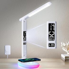 JELLICO 5-Level Led Desk Lamp with Charger: Office Table Lamps with USB Wireless Charging for Home Reading - Desk Lights with Clock for College