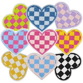 9PCS Star Iron on Patches, Cute Checkered Heart Embroidered Iron on Patches for Clothes, Custom Colorful Applique for Hats, Jeans, Jackets, Bags, Backpacks, Dress (Heart)