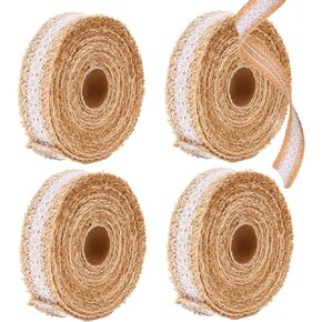 20 Yards Burlap Ribbon with White Lace Trims Tape, Rustic Natural Jute Burlap Ribbon Roll, for DIY Crafts Vintage Wedding Party Favor Fall Holiday Tree Decorations and Gift Wrap