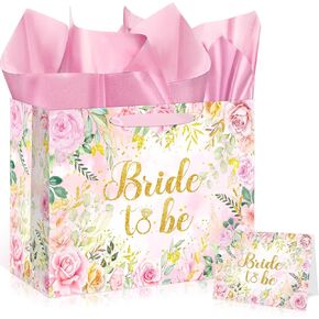 Yomaiha Bride Gift Bag Floral Bridal Shower Gift Bag with Card and Tissue Paper, Bridal Shower Gift Wrapping Paper Bag for Engagement Bride to Be Wedding Party, Bachelorette Party Supplies