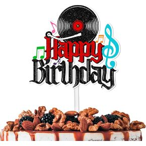Glitter Happy Birthday Cake Topper Cheer to Rock and Roll Music 80s 90s CD Theme Decor Supplies Men Women Birthday Party Decorations
