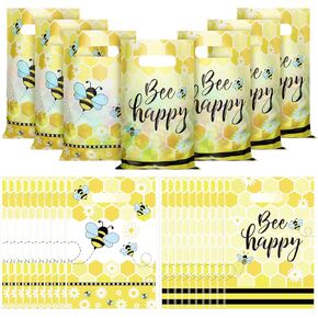 100 Yellow Honey Bee Theme Treat Bags with Handles - Bee Pattern Plastic Goodie Bags for Baby Shower, Gender Reveal & Birthday Party