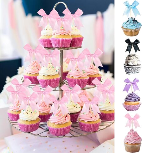 20Pcs Bow Cupcake Toppers，Ribbon Bow Cake Topper for Bow Themed Birthday Cake Decorations,Bowknot Cupcake Picks for Baby Shower,Bridal Shower Birthday Wedding Party Cupcake Decorations (Black) in Saudi Arabia