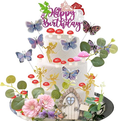 Ephlyn 47Pcs Fairy Cake Toppers Fairy Birthday Cake Decoration Pink Mushroom Door Butterfly Flowers Cake Decoration Fairy Garden Topper for Fairy Baby Shower Party Supplies Pink in Saudi Arabia