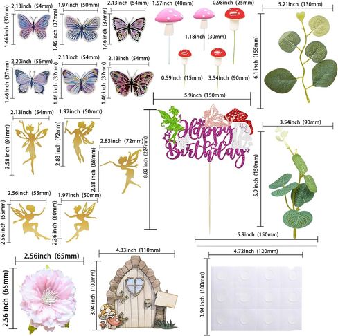 Ephlyn 47Pcs Fairy Cake Toppers Fairy Birthday Cake Decoration Pink Mushroom Door Butterfly Flowers Cake Decoration Fairy Garden Topper for Fairy Baby Shower Party Supplies Pink in Saudi Arabia