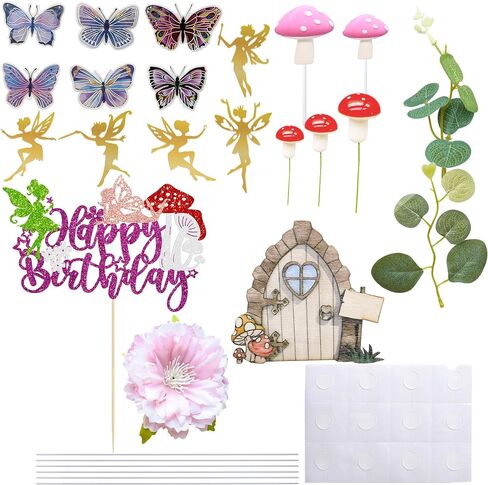 Ephlyn 47Pcs Fairy Cake Toppers Fairy Birthday Cake Decoration Pink Mushroom Door Butterfly Flowers Cake Decoration Fairy Garden Topper for Fairy Baby Shower Party Supplies Pink in Saudi Arabia