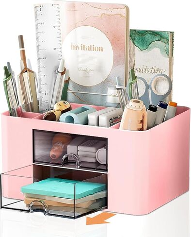 Stationary Organiser 7-Grid Desk Organizer with Drawer – Multifunctional Plastic Table Organizer & Pen Holder for School, Office, and Home (Pink) in Saudi Arabia
