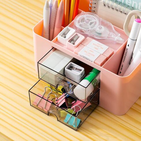 Stationary Organiser 7-Grid Desk Organizer with Drawer – Multifunctional Plastic Table Organizer & Pen Holder for School, Office, and Home (Pink) in Saudi Arabia