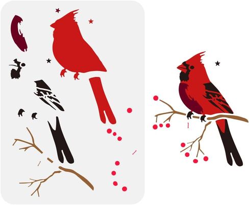 FINGERINSPIRE Layered Cardinals Stencil for Painting 8.3x11.7inch Hollowed Birds Branches Drawing Template Plastic PET Stars Berries Pattern Painting Stencil Animal Theme Template for Home Decor in Saudi Arabia