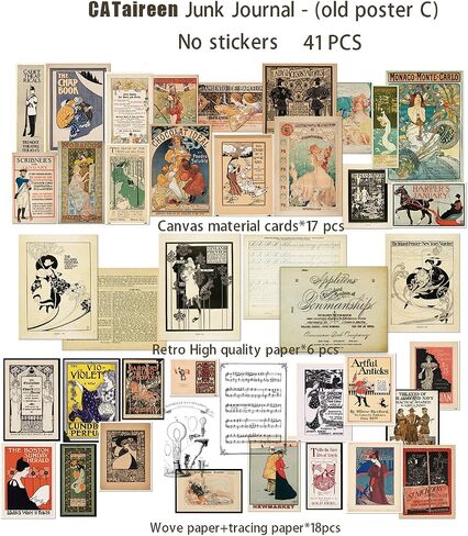 CATaireen Vintage Junk-Journal Mixed Paper Scrapbooking Embellishments Set Retro Journaling Decoupage Stickers Textured Packaging Decorative Cards Tags Kit (Poster C) in Saudi Arabia