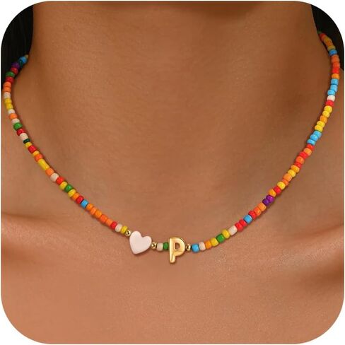 Colorful Initial Necklaces for Girls Women, Teen Girl Gifts Trendy Stuff Cute Heart Shell Bead Necklace Jewelry Gifts in Saudi Arabia