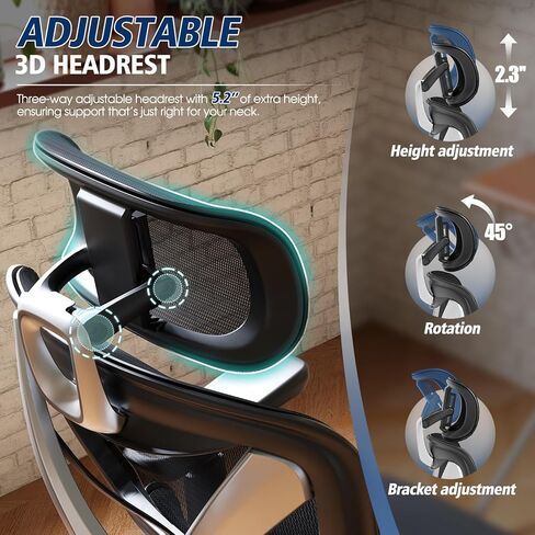 كرسي مكتب GABRYLLY، كرسي مكتب مريح للأشخاص الكبار والطويلين، كراسي شبكية منزلية بأذرع ثلاثية الأبعاد قابلة للتعديل، استلقاء 3 تروس، مقعد واسع، دعم قطني ومسند للرأس، كرسي كمبيوتر دوار in Kuwait